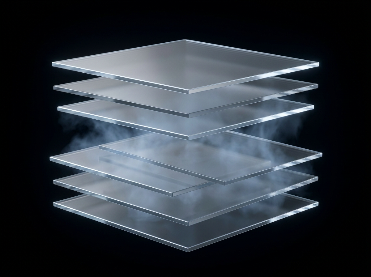Stacked translucent glass layers floating in space, representing Panel's unlimited layers